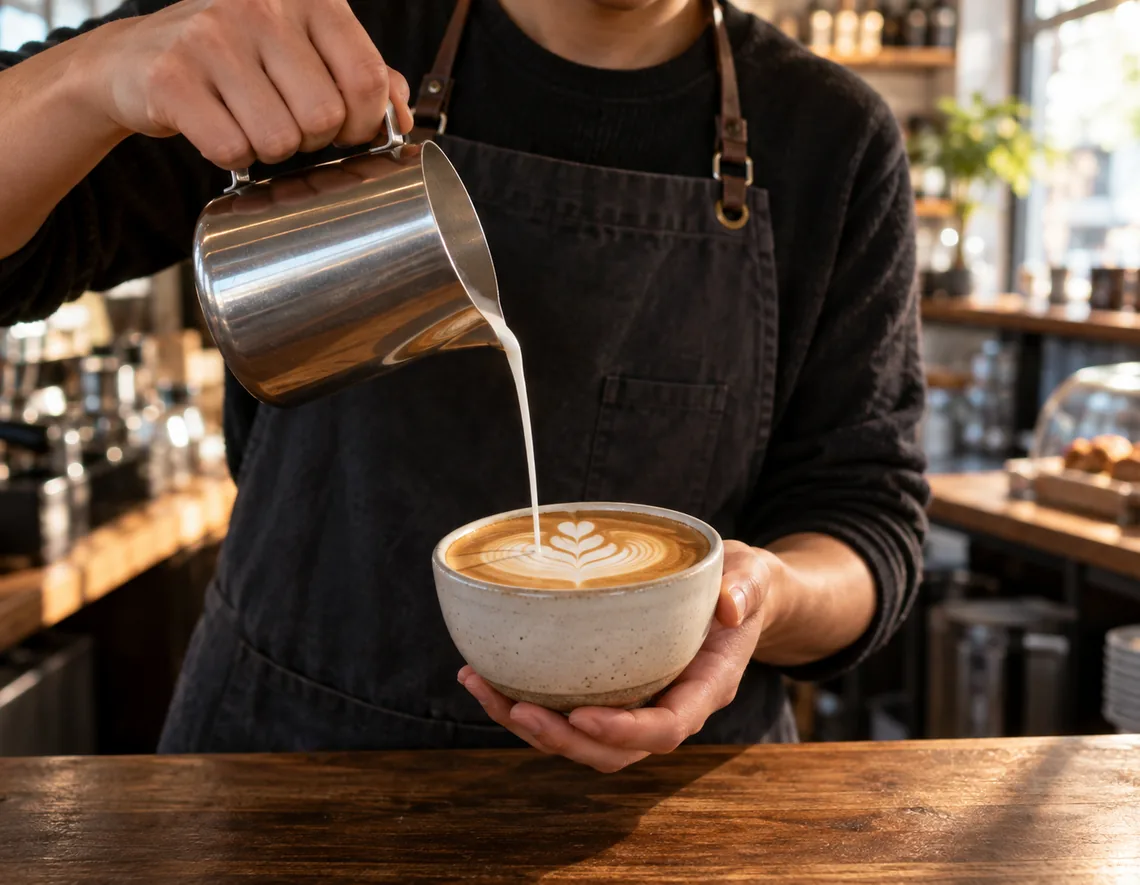 AI camera control video freezing a coffee pour while the camera moves