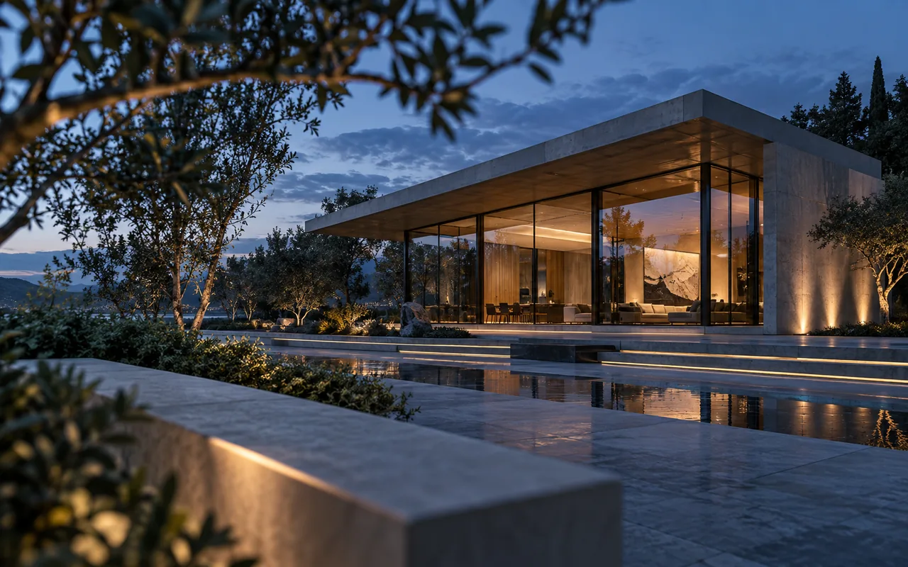 Architecture orbit video frame of a modern glass pavilion