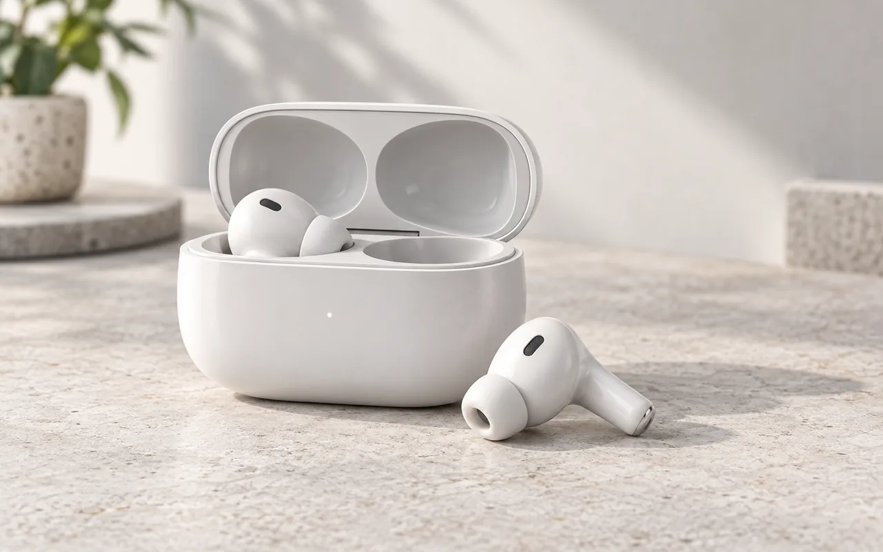 Front three-quarter 360 product video view of wireless earbuds and a charging case for ecommerce