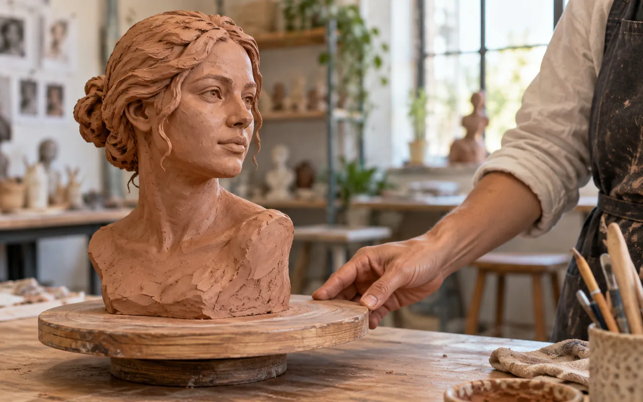 Teaching demo showing an instructor turning a ceramic bust on a wooden turntable
