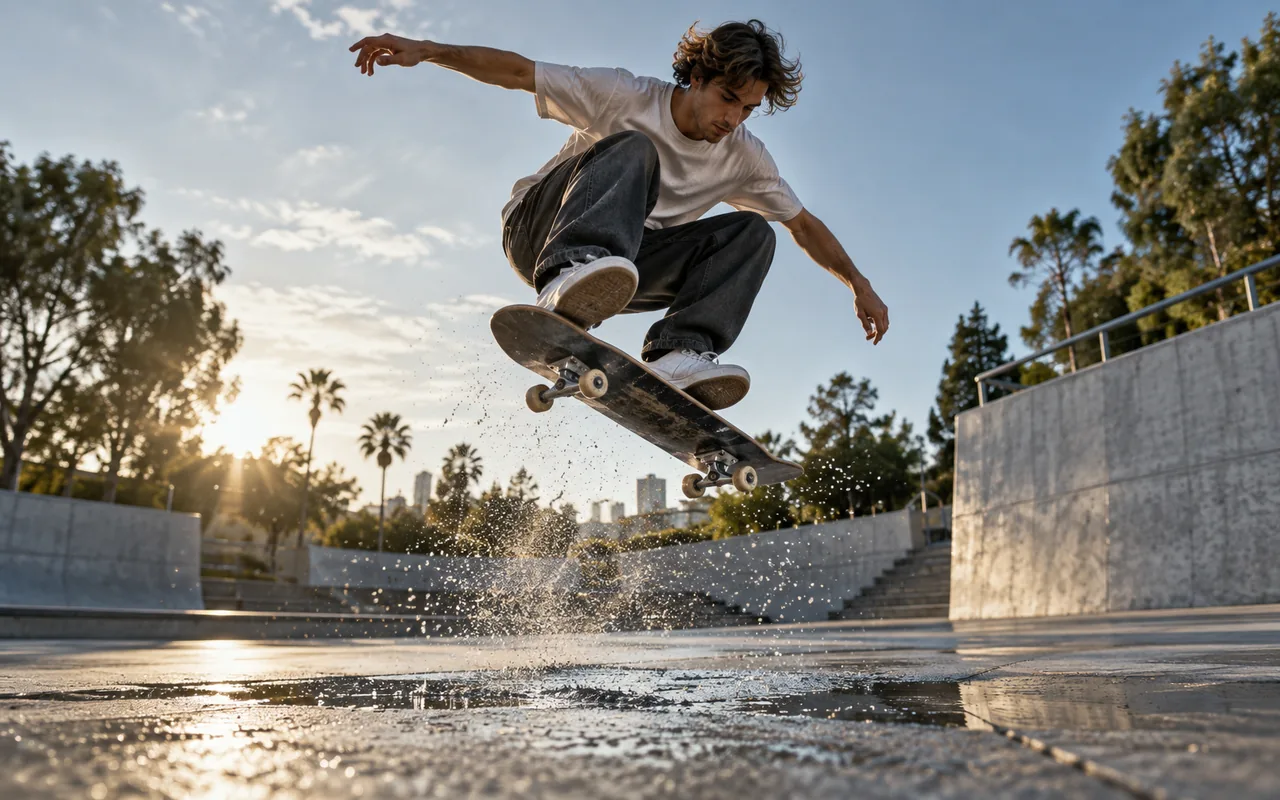 Time freeze camera control video of a skateboarder suspended over a splash