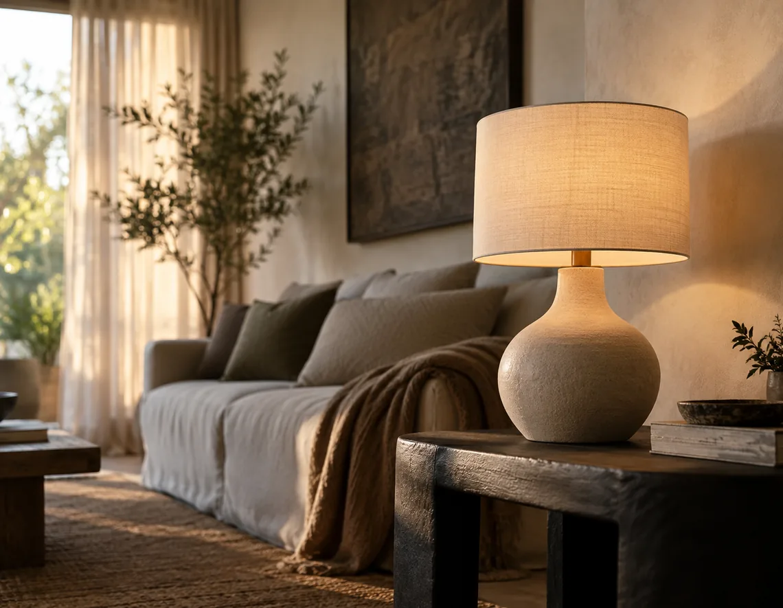Natural commercial camera control frame of a ceramic table lamp from a deliberate three-quarter angle